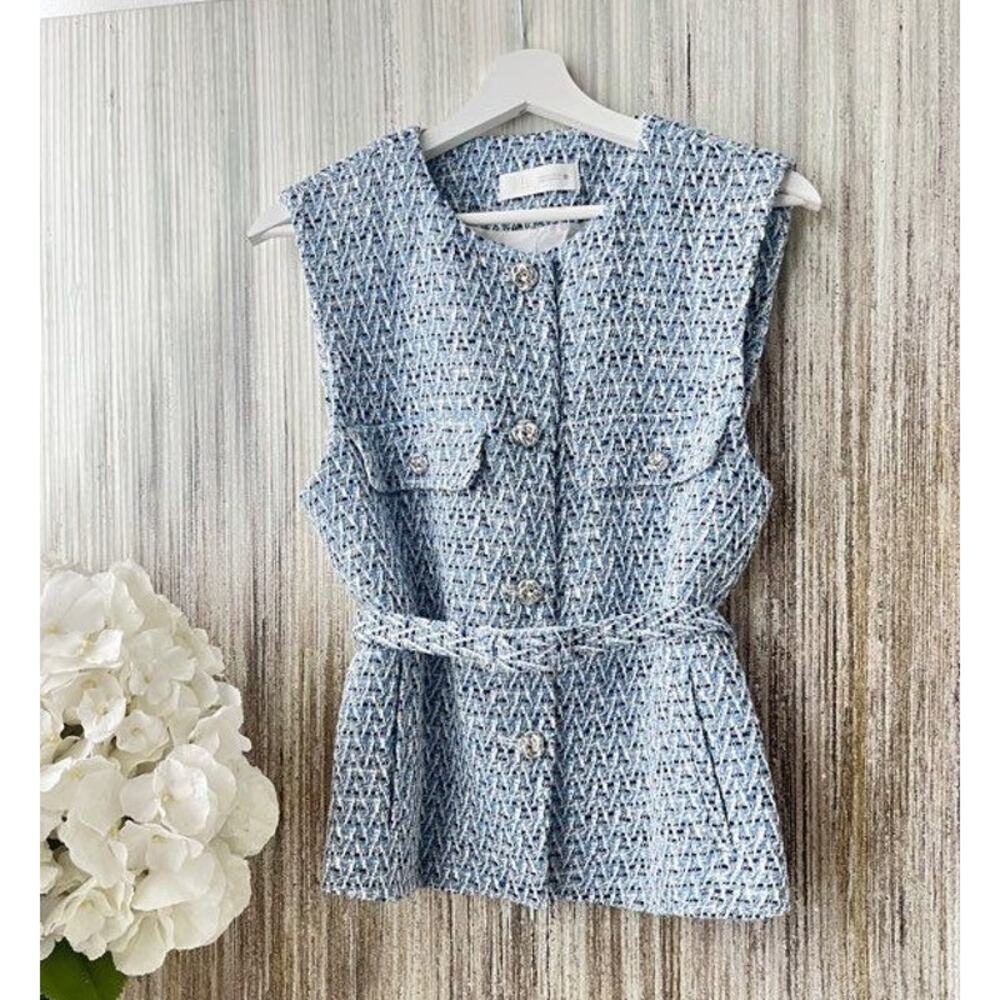 Zara NWT Blue Textured Belted Vest Tweed Waistcoat XL - Picture 14 of 16
